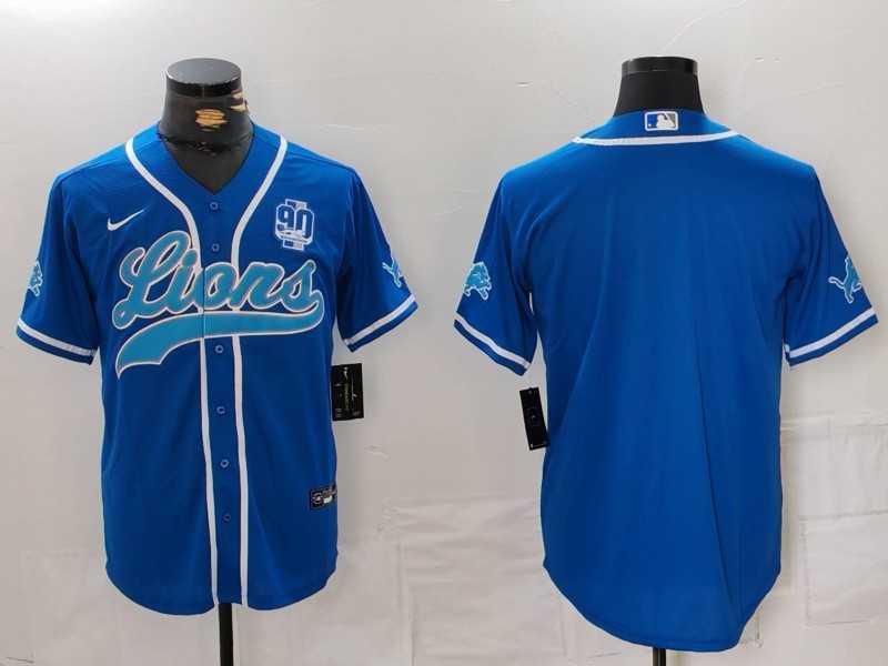 Mens Detroit Lions Blank Blue With 90th Patch Cool Base Stitched Baseball Jersey